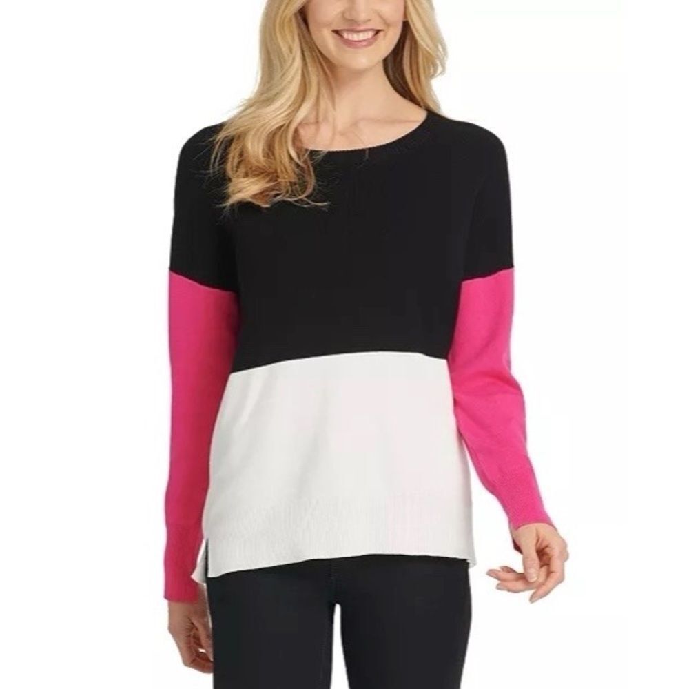 DKNY WOMENS COLORBLOCK RIBBED TRIM CREWNECK SWEATER XS